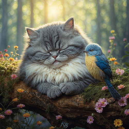 Serene Harmony: Cat Napping Beside Bird Puzzle